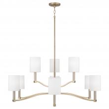  457091MA-715 - 9-Lt Two-Tier Chandelier in Matte Brass w/ Clear Acrylic Accents and Cylindrical White Fabric Shades