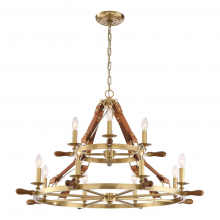  CD10162-12-AGB - 12-Light 38" Nautical 2-Tier Leather & Real Wood Candle Chandelier